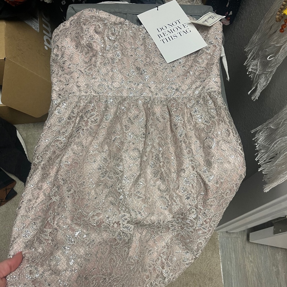 Shoshanna Silver Metallic Lace Mini Dress Strapless
